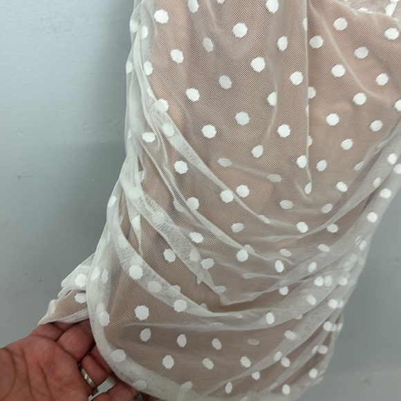 White Fox Fusion Sour One Shoulder White Mesh Polka Dot Mini Dress Ruched Sz - Picture 8 of 11